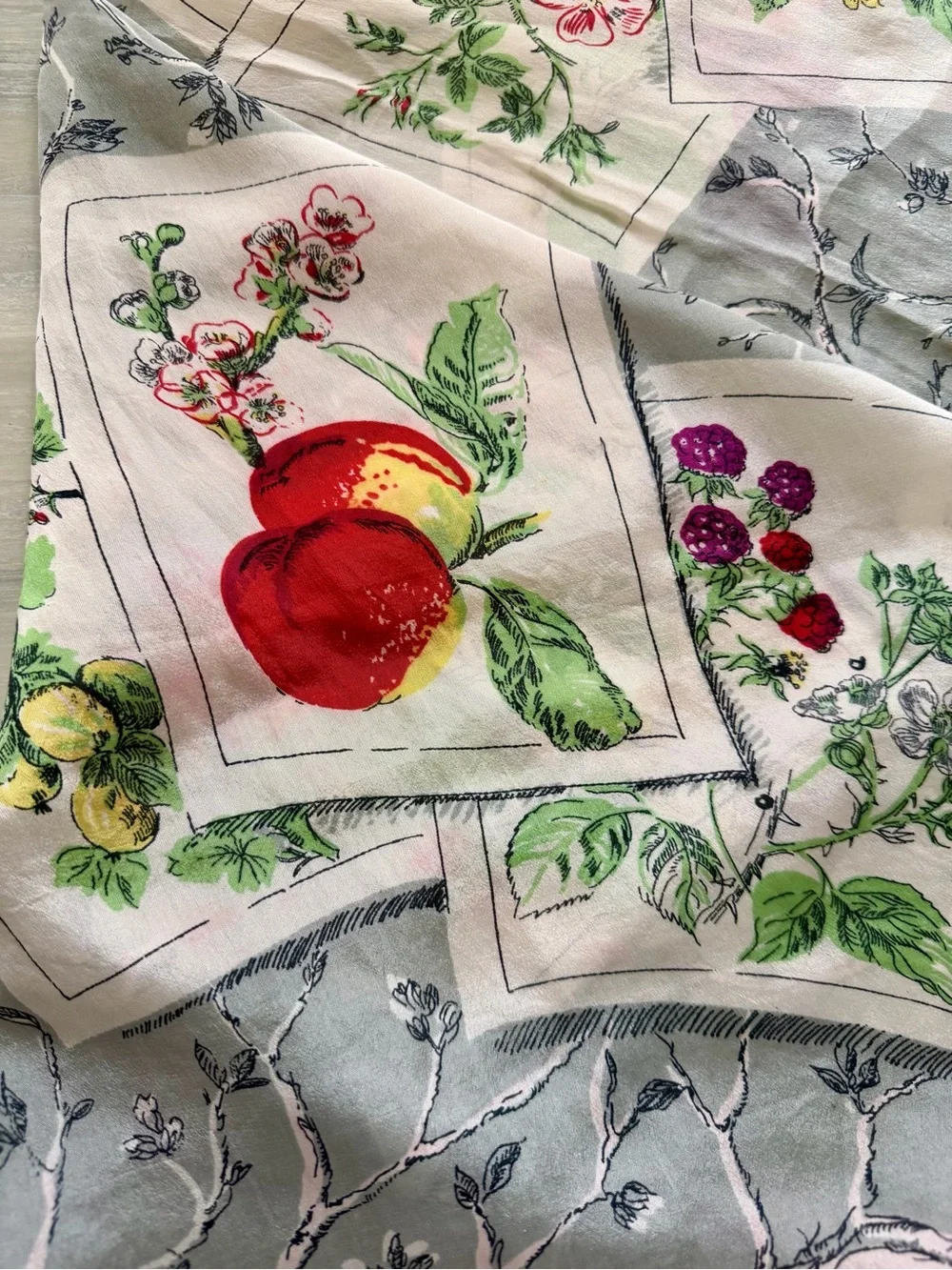Longchamp silk scarf, “Laurel In The Vegetable Garden